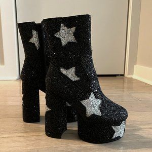 Dolls Kill x Lamoda Black Glitter Stars Platform Boots Sz 8 NIB